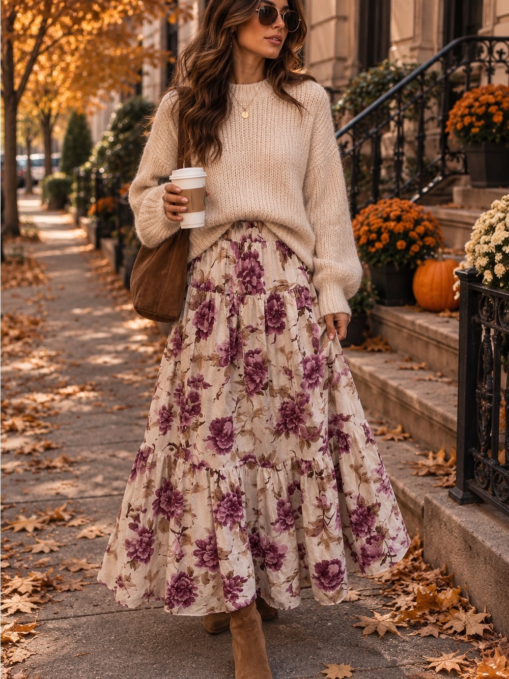 Abercrombie & Fitch Cream Maxi Skirt with Purple Floral Print LARGE